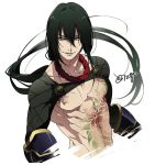  1672 1boy bare_chest black_hair chest_tattoo collarbone fate/grand_order fate_(series) green_eyes long_hair male_focus multiple_boys nagatekkou pectorals ponytail smile tattoo toned toned_male upper_body yan_qing_(fate/grand_order) 