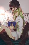  1boy 1girl arm_around_neck bare_legs bed bed_sheet black_hair book breasts brown_pants c.c. closed_eyes code_geass collarbone collared_shirt commentary couple creayus day eyebrows_visible_through_hair green_hair hair_between_eyes hand_on_another&#039;s_head hetero holding holding_book hug indoors lelouch_lamperouge long_hair long_sleeves no_pants on_bed open_book pants pillow reading shirt sitting sketch sleeping sleeping_upright small_breasts sunlight under_boob very_long_hair violet_eyes white_shirt wing_collar 