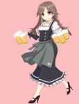  1girl alcohol alternate_costume apron arashio_(kantai_collection) beer_mug black_dress brown_eyes brown_hair dirndl dress german_clothes high_heels kantai_collection long_hair looking_at_viewer oktoberfest pink_background smile solo tun underbust waist_apron waitress 