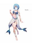  1girl alternate_costume bangs bare_shoulders barefoot blue_bikini_top blue_eyes blue_hair bracer breasts choker circlet cleavage closed_mouth collarbone dancer du_mogu earrings eyebrows_visible_through_hair full_body highres jewelry leg_up looking_at_viewer mahou_shoujo_madoka_magica medium_breasts miki_sayaka navel o-ring_top see-through short_hair simple_background smile solo standing standing_on_one_leg stomach thigh_gap thighs veil white_background 