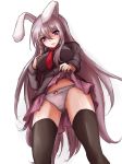  1girl absurdres amagi_(amagi626) animal_ears black_legwear black_shirt bow bow_panties from_below hand_on_own_chest highres lifted_by_self long_hair long_sleeves looking_down necktie open_mouth panties rabbit_ears red_necktie reisen_udongein_inaba shirt sketch skirt skirt_pull thigh-highs touhou underwear violet_eyes white_background white_hair white_panties zettai_ryouiki 