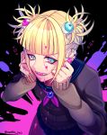  1girl alternate_eye_color artist_name bangs black_background blonde_hair blue_eyes blunt_bangs boku_no_hero_academia cardigan double_bun earrings eyeball eyelashes half-closed_eyes hands_on_own_face heart jewelry jiro_(apollo) long_sleeves looking_at_viewer paint paint_on_face paint_splatter pleated_skirt simple_background skirt slit_pupils smile solo teeth toga_himiko 