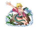  1girl :d arm_up blonde_hair bodskih breasts brown_eyes brown_skirt cleavage collarbone groin large_breasts looking_at_viewer marguerite microskirt navel one_piece open_mouth shiny shiny_skin short_hair sitting skirt smile snake solo transparent_background 