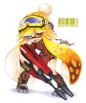  1girl artist_name bangs barcode bike_shorts black_footwear black_shorts blonde_hair blunt_bangs bobblehat boots collared_shirt dated domino_mask dual_squelcher_(splatoon) fangs full_body goggles goggles_on_headwear hat holding holding_weapon inkling inkling_(language) isamu-ki_(yuuki) long_hair long_sleeves looking_at_viewer marker_(medium) mask open_mouth plaid plaid_shirt pointy_ears red_shirt shirt shorts signature single_vertical_stripe solo splatoon splatoon_1 standing tentacle_hair traditional_media twitter_username weapon white_background yellow_eyes yellow_hat 