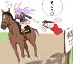  2girls anger_vein angry animal_ears bangs black_jacket blush boots breasts brown_eyes brown_footwear brown_hair collared_shirt drooling flying_sweatdrops horse horse_racing horseback_riding houraisan_kaguya jacket jojo_no_kimyou_na_bouken large_breasts lavender_hair long_hair long_skirt long_sleeves multiple_girls necktie parody parted_lips peeking pink_skirt pleated_skirt poronegi rabbit_ears racing red_eyes red_necktie red_skirt reisen_udongein_inaba ribbon riding running saddle shaded_face shirt sign skirt speech_bubble spoken_anger_vein steel_ball_run stirrups sweatdrop touhou track translation_request white_ribbon white_shirt wide_sleeves 