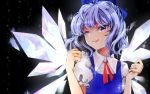  1girl bangs bare_arms black_background blue_bow blue_eyes blue_hair bow cirno closed_mouth hair_bow ice ice_wings lips minorinashi one_eye_closed puffy_short_sleeves puffy_sleeves short_sleeves smile solo touhou upper_body wing_collar wings 