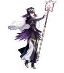  1girl black_dress breasts dress feather_trim fire_emblem fire_emblem_heroes full_body hat high_heels highres holding long_sleeves medium_breasts official_art open_mouth solo staff standing transparent_background veil 