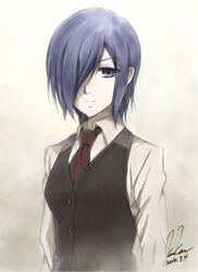  1girl 2014 blue_eyes blue_hair brown_neckwear dated eyebrows_visible_through_hair grey_shirt hair_over_one_eye highres kem_kem kirishima_touka looking_at_viewer necktie shirt short_hair signature sketch solo tokyo_ghoul upper_body 