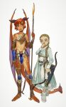  2girls absurdres animal_hands armor blonde_hair blue_dress blue_eyes bow_(weapon) braid colored_sclera colored_skin contrapposto dragon_girl dragon_horns dragon_tail dragon_wings dress flat_chest grey_legwear hair_over_shoulder height_difference heterochromia highres holding holding_bow_(weapon) holding_polearm holding_weapon horn_(instrument) horns long_hair long_sleeves looking_at_another monster_girl mossacannibalis multiple_girls navel original parted_lips pointy_ears polearm quiver red_eyes red_skin redhead sash scales short_hair simple_background socks spear standing tail weapon white_background white_sash wings yellow_eyes yellow_sclera 