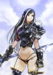  1girl absurdres armor bikini_armor black_hair breastplate gauntlets highres holding holding_weapon long_hair navel okuto original red_eyes solo thigh-highs weapon white_hair 
