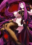  1girl absurdly_long_hair breasts claws cleavage curvy expressionless fangs fate/grand_order fate_(series) gorgon_(fate) hair_intakes hand_on_own_knee highres huge_breasts ifuji_shinsen lips long_hair midriff monster_girl navel petting purple_hair revealing_clothes rider scales snake solo very_long_hair violet_eyes 