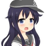  1girl akatsuki_(kantai_collection) anchor_symbol bangs black_hat blush collarbone commentary_request eyebrows_visible_through_hair flat_cap hat kantai_collection long_hair looking_at_viewer neckerchief nedia_(nedia_region) open_mouth portrait purple_hair red_neckerchief school_uniform serafuku shirt simple_background solo tareme violet_eyes white_background white_shirt 