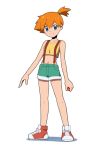  1girl blue_eyes closed_mouth full_body green_shorts kasumi_(pokemon) looking_at_viewer midriff natsunagi_takaki navel orange_hair poke_ball pokemon pokemon_(anime) shoes short_hair shorts side_ponytail simple_background solo standing suspenders white_background 