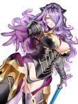  1girl armor breasts camilla_(fire_emblem_if) cleavage fire_emblem fire_emblem_if gloves hair_over_one_eye highres kumiko_shiba large_breasts lips long_hair looking_at_viewer purple_hair red_eyes smile solo tiara very_long_hair violet_eyes 