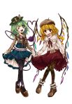  2girls alternate_costume argyle argyle_legwear black_legwear blonde_hair blue_skirt bow brown_bow brown_footwear casual contemporary fang flandre_scarlet green_eyes green_hair green_hat hat hat_bow heart heart_of_string high-waist_skirt highres karua_m komeiji_koishi leaning_forward lifted_by_self long_hair long_sleeves looking_at_viewer miniskirt multiple_girls one_eye_closed open_mouth pantyhose pleated_skirt polka_dot red_eyes red_skirt shoe_bow shoes skirt skirt_lift smile suspenders third_eye touhou transparent_background wings 