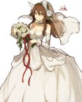 1girl animal_ears artist_name bare_shoulders blush bouquet bridal_veil bride brown_hair choker closed_mouth commentary detached_sleeves dress flower hair_between_eyes hair_flower hair_ornament holding holding_bouquet lansane long_hair looking_at_viewer original red_ribbon ribbon rose sidelocks signature simple_background smile solo standing strapless strapless_dress tsana_(lansane) veil wedding_dress white_background white_rose wolf_ears yellow_eyes 