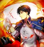  1boy black_eyes black_hair expressionless fire fullmetal_alchemist gloves looking_away male_focus military military_jacket military_uniform roy_mustang shirt short_hair simple_background solo uniform white_background white_shirt 