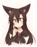  1girl :/ animal_ears bangs black_shirt blush brown_hair closed_mouth commentary_request eyebrows_visible_through_hair finger_to_cheek gem hair_between_eyes head_tilt imaizumi_kagerou kaginoni looking_at_viewer red_eyes shirt solo touhou upper_body wolf_ears 