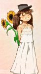  1girl arms_behind_back brown_hair closed_eyes collarbone dress flower grin highres kantai_collection namakura_neo ryuujou_(kantai_collection) smile solo sundress sunflower twintails visor_cap white_dress 