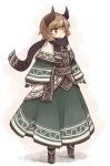  1girl :3 bangs black_gloves black_scarf blush boots brown_eyes brown_footwear brown_hair capelet closed_mouth dress eyebrows_visible_through_hair full_body gloves green_dress horns kaginoni long_hair looking_away original scarf short_hair sleeves_past_wrists smile solo standing 