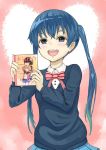  1girl :d alice_cartelet bangs black_hair blue_eyes blue_hair blue_skirt blue_sweater blush bob_cut bow bowtie breasts closed_eyes commentary_request futao_(nibbles-wabina) heart heart_background holding hug hug_from_behind kin-iro_mosaic komichi_aya long_hair long_sleeves manga_(object) multicolored_hair open_mouth pink_bowtie pleated_skirt school_uniform short_hair skirt small_breasts smile solo striped_bowtie sweater twintails two-tone_hair upper_body 