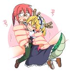  2girls :3 blonde_hair blue_dress blush brown_cardigan brown_footwear cardigan closed_eyes closed_mouth dragon_girl dragon_horns dragon_tail dress eyebrows_visible_through_hair glasses green_pants horns hug kobayashi-san_chi_no_maidragon kobayashi_(maidragon) long_dress maid maid_headdress minigirl multiple_girls nightea open_mouth pants ponytail red_eyes redhead shoes sweatdrop tail tooru_(maidragon) white_legwear 