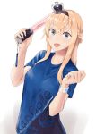  1girl blonde_hair blue_eyes braid commentary_request crown french_braid hands_up hiiragii_(hiiragi_0404) kantai_collection light_stick long_hair mini_crown open_mouth shirt smile solo t-shirt warspite_(kantai_collection) 