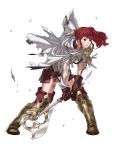  1girl anna_(fire_emblem) armor axe bangs belt boots cape fire_emblem fire_emblem_heroes full_body gloves highres kozaki_yuusuke official_art ponytail red_eyes redhead simple_background skirt solo standing thigh-highs thigh_boots torn_clothes weapon white_background white_cape zettai_ryouiki 