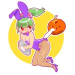  1girl animal_ears bow bowtie brown_legwear bunny_tail bunnysuit chibi detached_collar fukusuke_hachi-gou full_body green_hair jack-o&#039;-lantern jumping leotard long_hair original pantyhose ponytail purple_bow purple_bowtie purple_leotard rabbit_ears red_eyes solo strapless strapless_leotard tail tray wedgie wrist_cuffs 