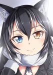  1girl animal_ears black_hair blue_eyes chin_rest commentary face fur_collar gloves grey_wolf_(kemono_friends) hair_between_eyes head_tilt heterochromia highres kemono_friends long_hair long_sleeves looking_at_viewer multicolored_hair necktie portrait smile solo two-tone_hair white_gloves white_hair wolf_ears yasume_yukito yellow_eyes 