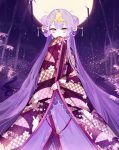  1girl absurdly_long_hair bamboo bamboo_forest covering_mouth earrings forest grey_eyes hair_ornament hand_over_own_mouth highres japanese_clothes jewelry kimono long_hair looking_at_viewer moemoe3345 moon nature night original outdoors purple_hair solo very_long_hair 
