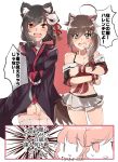  2koma 4girls animal_ears black_hair black_kimono blue_eyes blush breasts cleavage collarbone comic commentary_request eyebrows_visible_through_hair fang fox_ears fox_mask fox_tail hair_between_eyes hair_ornament hair_ribbon hakka_ame_(cuntrymamu) highres japanese_clothes kantai_collection kimono looking_at_viewer mask mask_on_head multiple_girls open_mouth pleated_skirt red_eyes red_ribbon ribbon shigure_(azur_lane) shigure_(kantai_collection) simple_background skirt sweatdrop tail thigh-highs translation_request white_background white_legwear white_ribbon yamashiro_(azur_lane) yamashiro_(kantai_collection) |_| 
