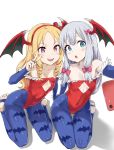  2girls absurdres alternate_legwear animal_print armpit_peek asanagi bare_shoulders barefoot bat bat_print blonde_hair blue_eyes blue_gloves blue_legwear bow breasts bridal_gauntlets brown_eyes cellphone cosplay covered_navel drill_hair elbow_gloves enty_reward eromanga_sensei fake_wings feet fingerless_gloves flat_chest gloves hair_bow hairband head_wings highleg highleg_leotard highres izumi_sagiri leggings leotard lilith_aensland lilith_aensland_(cosplay) long_hair multiple_girls no_shoes open_mouth pale_skin phone pointy_ears print_legwear red_leotard self_shot shadow sidelocks silver_hair sitting small_breasts smartphone smile soles stirrup_legwear toeless_legwear toes twin_drills v vampire_(game) wariza white_background wings yamada_elf 