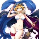  1girl bikini blonde_hair blue_eyes breasts cape character_request copyright_request fur_trim highres hood hoodie large_breasts looking_at_viewer navel open_mouth short_hair swimsuit sword tattoo translation_request watarui weapon white_bikini 