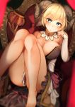  1girl barefoot blonde_hair breasts cleavage clenched_teeth crown crown_removed detached_collar eyebrows_visible_through_hair green_eyes highres horns jewelry large_breasts legs looking_at_viewer original rerrere ring short_hair smile solo teeth 