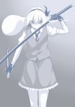  &gt;:| 1girl bow buttons closed_mouth collared_shirt commentary_request cowboy_shot gloves hair_between_eyes hair_bow hairband hand_up holding holding_sheath holding_sword holding_weapon katana konpaku_youmu konpaku_youmu_(ghost) legs_together long_sword looking_at_viewer monochrome necktie poronegi shaded_face shirt short_hair short_sleeves simple_background skirt solo standing sword touhou unsheathed vest weapon white_shirt 
