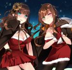  2girls ;) aqua_eyes bell black_legwear blush braid breasts brown_hair cape cardia_beckford character_request cleavage code:realize collar fur_trim gear_hair_ornament gloves green_eyes large_breasts long_hair looking_at_viewer multiple_girls one_eye_closed over_shoulder pantyhose red_gloves s2cikn_(yuzu) sack smile standing 