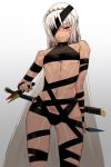  altera_(fate) blush breasts cosplay cowboy_shot dark_skin eyepatch fate/grand_order fate_(series) gluteal_fold gradient gradient_background i-pan katana kunai long_hair looking_to_the_side navel red_eyes silver_hair small_breasts standing sword very_long_hair weapon 