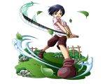  1girl black_eyes blue_hair bodskih boots brown_footwear brown_shorts full_body holding holding_sword holding_weapon katana kuina leaf one_piece open_mouth pink_shirt shirt short_hair short_sleeves shorts solo standing sword transparent_background weapon 