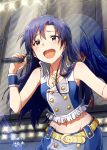  1girl ayano_yuu_(sonma_1426) bare_shoulders blue_hair blush brown_eyes commentary_request flat_chest highres idolmaster kisaragi_chihaya long_hair looking_at_viewer microphone necktie open_mouth sketch smile solo 