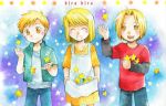  1girl 2boys alphonse_elric apron black_sleeves blonde_hair blue_background blush brothers closed_eyes dress edward_elric eyebrows_visible_through_hair fullmetal_alchemist happy long_sleeves looking_down looking_up multicolored multicolored_background multiple_boys open_mouth pants purple_background red_shirt shirt short_hair siblings smile star waistcoat white_shirt winry_rockbell yellow_eyes 