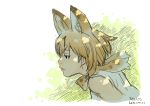  1girl 2017 animal_ears artist_name bangs bare_shoulders black_eyes black_hair blonde_hair bow bowtie dated eyelashes facing_away from_side hair_between_eyes half-closed_eyes kemono_friends leaning leaning_forward lips looking_away multicolored_hair nose pink_lips roonhee serval_(kemono_friends) serval_ears serval_print shirt short_hair sleeveless sleeveless_shirt solo spots two-tone_hair upper_body white_shirt 