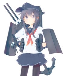  &gt;:) 1girl absurdres akatsuki_(kantai_collection) anchor anchor_symbol bangs black_hat black_legwear black_skirt cannon closed_mouth commentary_request cowboy_shot doyagao eyebrows_visible_through_hair flat_cap hair_between_eyes hands_on_hips hat highres kantai_collection long_hair long_sleeves looking_at_viewer machinery miriota neckerchief pantyhose pleated_skirt purple_hair red_neckerchief school_uniform serafuku shirt simple_background skirt smug solo torpedo_tubes turret violet_eyes white_background white_shirt 