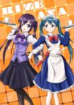  2girls :d :o apron bangs black_legwear black_skirt blue_dress blue_eyes blue_hair breasts buttons character_name collared_shirt commentary_request crossover cup dated dress frilled_dress frills gochuumon_wa_usagi_desu_ka? hair_ornament hairclip highres holding holding_tray kin-iro_mosaic komichi_aya locked_arms long_hair long_sleeves looking_at_viewer maid maid_apron maid_headdress mark2u medium_breasts mug multiple_girls open_mouth orange_background pantyhose purple_hair purple_neckwear purple_vest rabbit_house_uniform red_neckwear seiyuu_connection shirt sidelocks signature skirt small_breasts smile standing taneda_risa tedeza_rize tray twintails vest violet_eyes white_apron white_legwear white_shirt wing_collar 