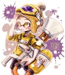 1boy ? black_shorts blonde_hair breath dated domino_mask goggles goggles_on_headwear hand_on_head harutarou_(orion_3boshi) hat highres holding holding_weapon hood hoodie inkling long_sleeves male_focus mask mini_splatling_(splatoon) paint_splatter pointy_ears print_shirt shirt shorts sleeves_pushed_up splatoon splatoon_1 standing weapon yellow_eyes yellow_hat yellow_shirt 