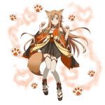  1girl animal_ears asuna_(sao) brown_eyes brown_hair brown_skirt detached_sleeves floating_hair fox_ears fox_tail full_body heart japanese_clothes long_hair looking_at_viewer miniskirt parted_lips pleated_skirt simple_background skirt solo standing sword_art_online tail thigh-highs very_long_hair white_background white_legwear 