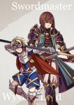  2boys armor blonde_hair bob_cut breastplate brown_hair cape english fire_emblem fire_emblem_if gauntlets gzei hisame_(fire_emblem_if) holding holding_sword holding_weapon looking_at_viewer lutz_(fire_emblem_if) mask multiple_boys polearm simple_background smile spear sword weapon 