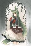  1girl animal_ears arch bangs book capelet closed_mouth commentary_request eyebrows_visible_through_hair feet_out_of_frame fox_ears fox_tail green_capelet green_eyes green_hair highres holding holding_book kaginoni leaf long_hair looking_away looking_up original skirt solo standing tail very_long_hair walking 