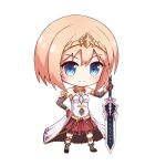  1girl blue_eyes blush breasts chibi closed_mouth eyebrows_visible_through_hair fingerless_gloves full_body gloves hand_on_hilt hand_on_hip highres holding holding_sword holding_weapon looking_at_viewer orange_hair original red_gloves short_hair small_breasts smile solo standing sword teraguchi weapon 