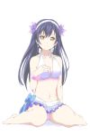  1girl bangs bikini bikini_skirt blue_hair bracelet commentary_request earrings flower frilled_bikini frills hair_between_eyes hair_flower hair_ornament hand_on_own_chest hibiscus highres jewelry long_hair looking_at_viewer love_live! love_live!_school_idol_project natsuiro_egao_de_1_2_jump! necklace simple_background sitting solo sonoda_umi super-saiya-0173 swimsuit wariza yellow_eyes 